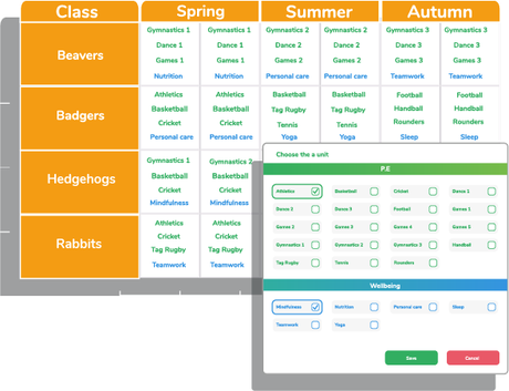 Screenshot showing PE scheme of work planner from Striver by 2Simple Ltd